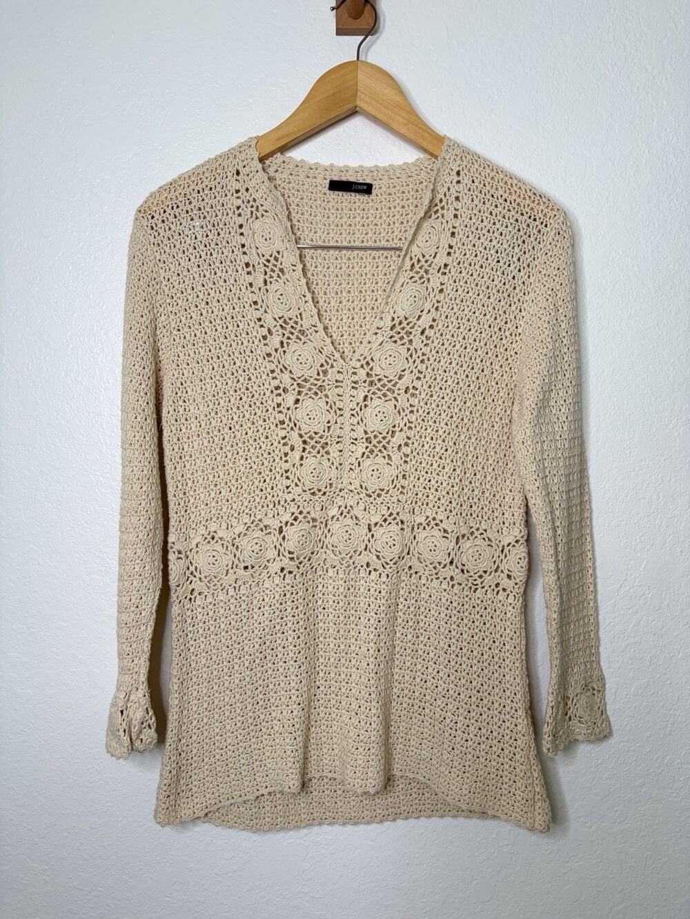 J. Crew Crochet V-Neck Cotton Sweater Size Medium Boho Chic Cottagecore Coastal